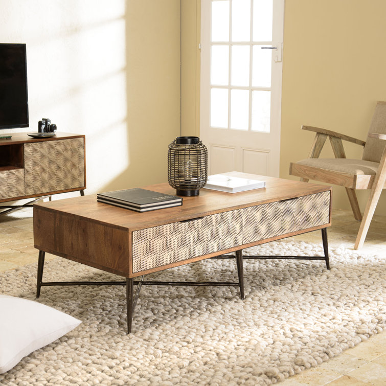 Gracie Oaks Oikos Solid Wood Cross Legs Coffee Table with Storage
